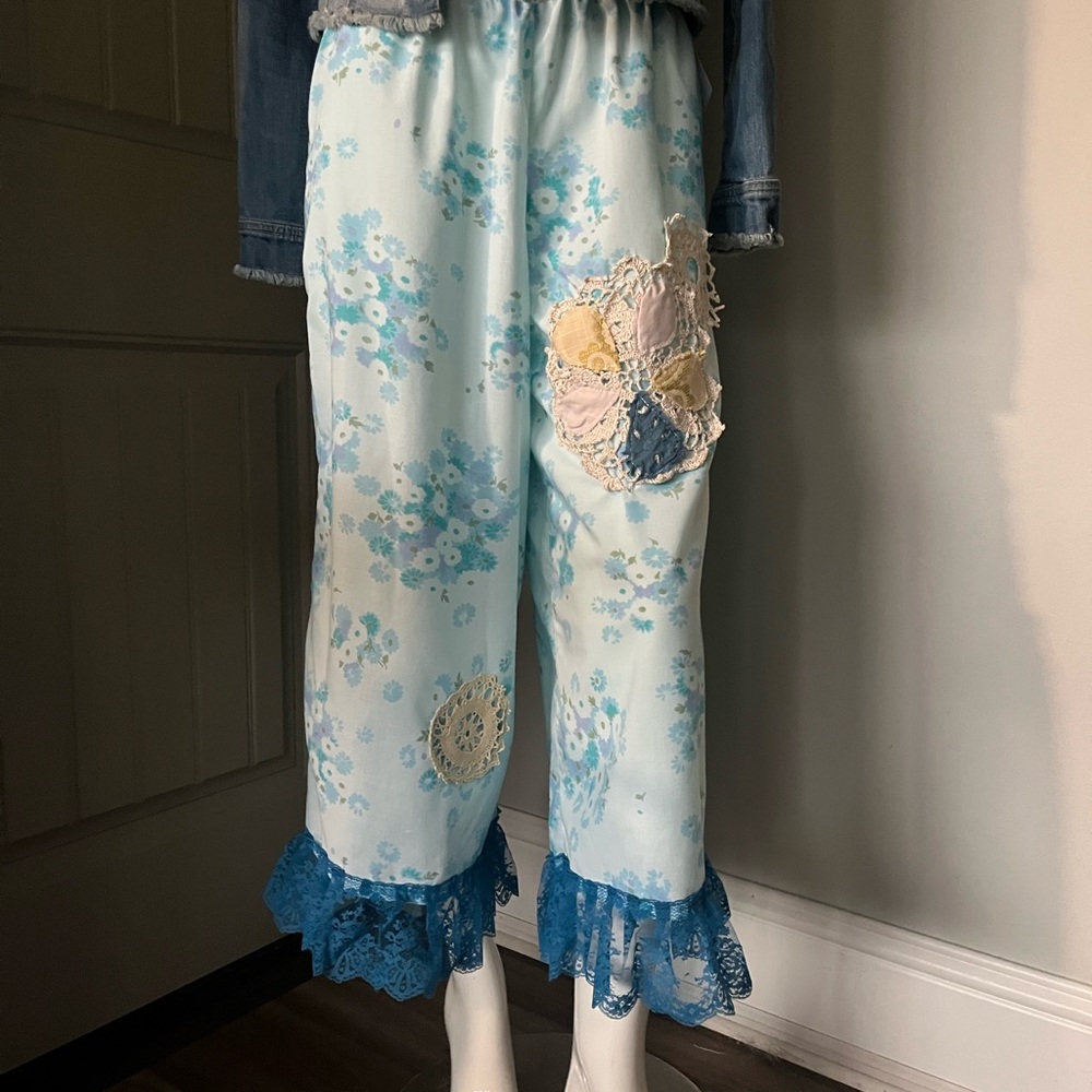 Upcycled Floral Patchwork Wide Leg Pants with Lace Trim